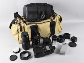 A Collection of Various Camera Bags together with Hanimex 135mm Lens, Mitsuki 80-200mm Lens, Flash
