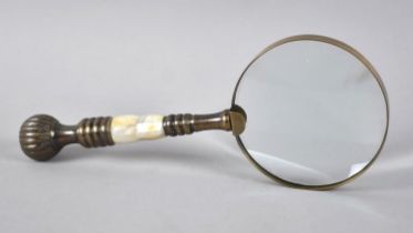 A Modern Brass and Mother of Pearl handled Desktop Magnifying Glass, 25.5cms Long