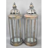 A Pair of Very Large Cylindrical Patinated Copper Lanterns, 83cms High