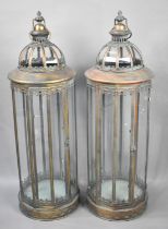A Pair of Very Large Cylindrical Patinated Copper Lanterns, 83cms High