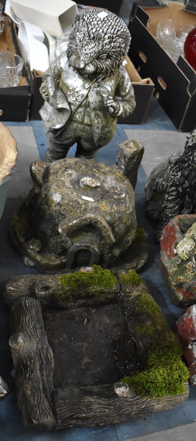 Three Reconstituted Stone Garden Ornaments , Anthropomorphic Badger, Cottage and Bath