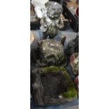 Three Reconstituted Stone Garden Ornaments , Anthropomorphic Badger, Cottage and Bath