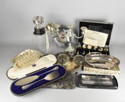 A Collection of Various Silver Plate to Comprise Cased Cutlery, Three Branch Candelabra, Galleried