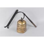 A Chinese Bronze Bell with Metal Wall Bracket and Wooden Clapper, 15cms High