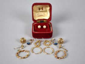 A Collection of Various 9ct Gold and Yellow Metal Earrings to include Ropework, Jewelled, Hoop, Faux