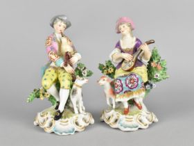 A Pair of 19th Century Derby Type Porcelain Figures, Modelled Seated the Gentleman Playing