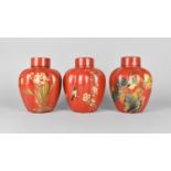 A Set of Three Oriental Lacquered Lidded Lobed Ginger Jars Decorated with Flowers, Insects and