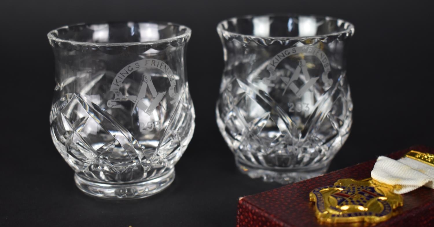A Collection of Masonic Items to Comprise a Pair of Cut Glass Pots "Kings Friends", 7cm high, RMBI - Image 2 of 2