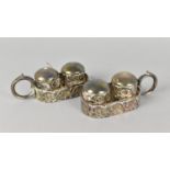 A Pair of Edwardian Silver Plated Salt and Pepper Pots in Oval Stand with Ring Handle and Two Silver