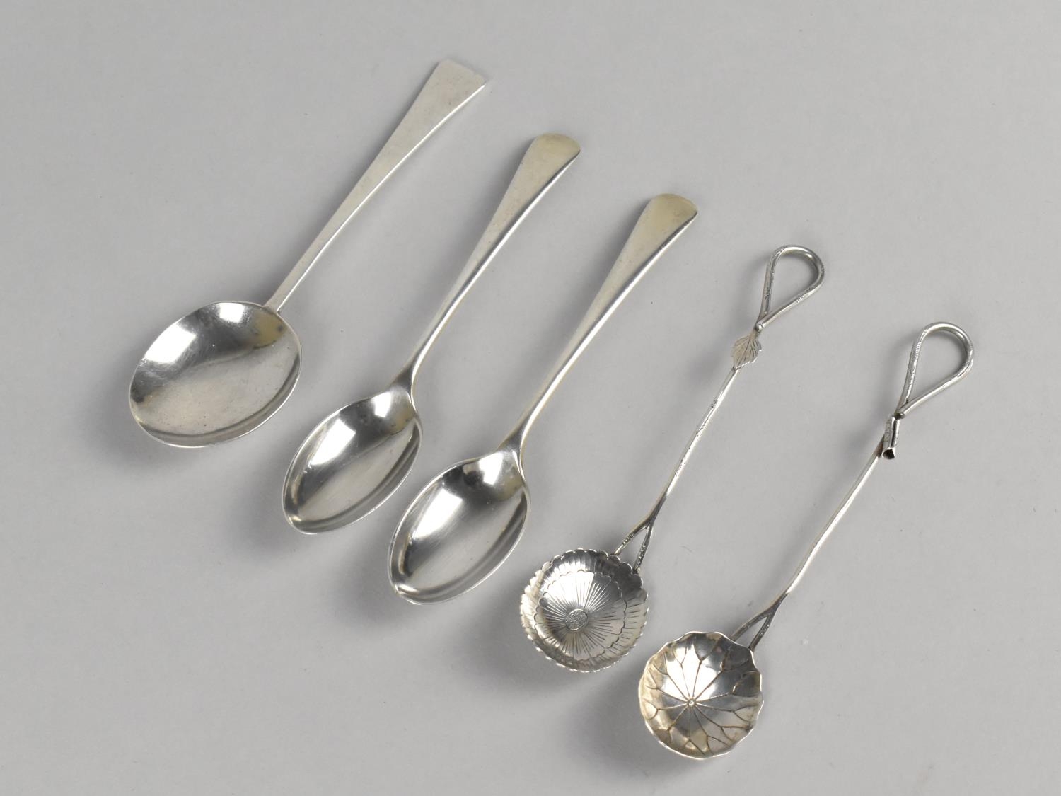 Three Silver Teaspoons Spoons, 62g Together with Two White Metal Spoons Having Flower Head