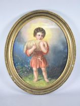 A Framed 19th Century Oval Pastel Depicting Jesus with Lamb, 49x39cms