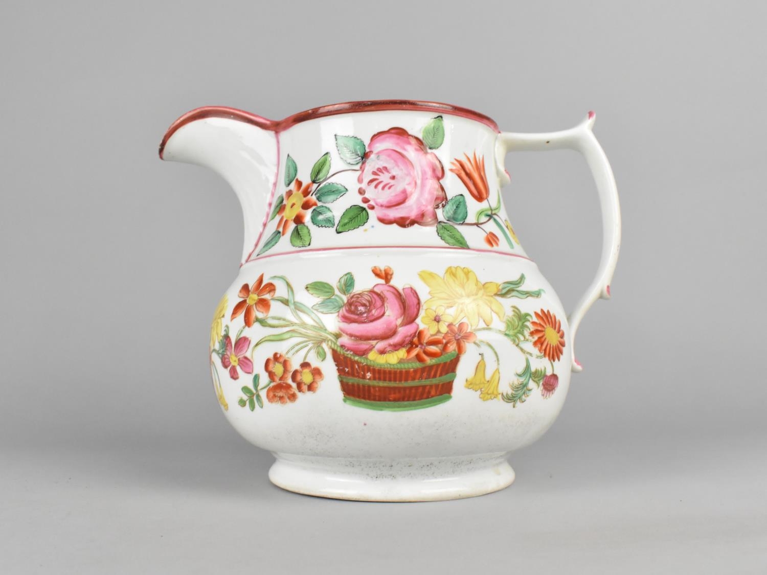 A 19th Century English Pottery Jug Hand Painted with Basket of Flowers Decoration, 18.5cm high (Some - Image 3 of 3