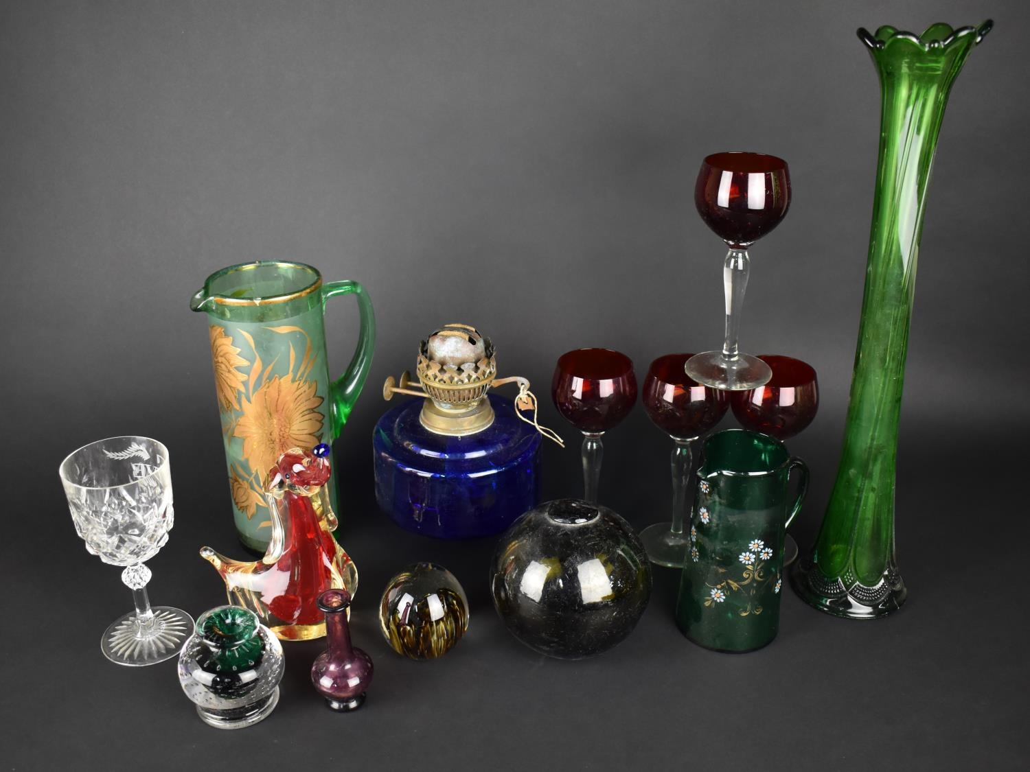 A Collection of Various Glass to Comprise Four Ruby Glass Hock Glasses, Green Glass Lily Vase, Jugs,