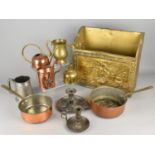 A Collection of Various Metalwares to Comprise Hand Beaten Brass Magazine Rack, Copper Pans,