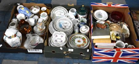 Three Boxes of Various Ceramics, Ribbon Plates, Teapot, Vases etc