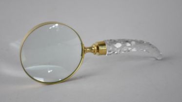 A Modern Brass and Faceted Glass Handled Desktop Magnifying Glass, 26cms Long