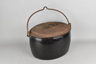 A Large Vintage Enamel Cooking Pot with Iron Loop Handle, 41cm wide