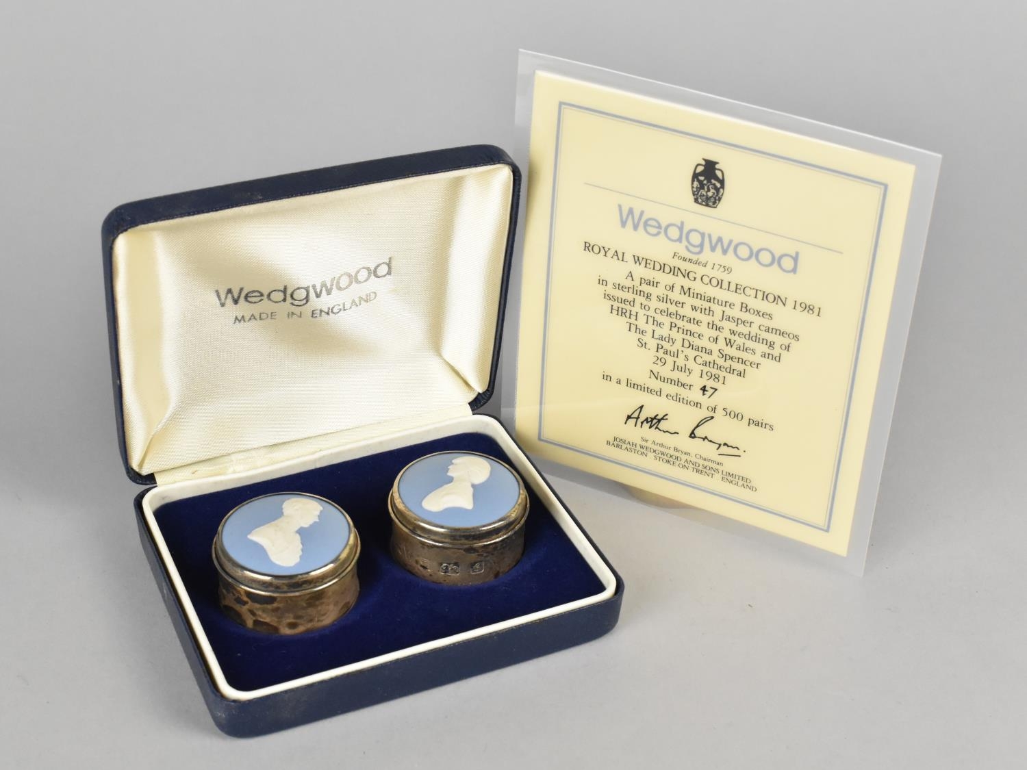 A Pair of Silver and Wedgwood Jasperware Cameo Topped Boxes to Commemorate the Royal Wedding 1981,