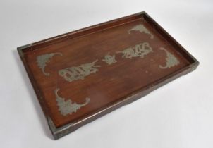 A Wooden and Pewter Mounted Chinese Tray, Dragon and Bat Motif, 50.5cm wide