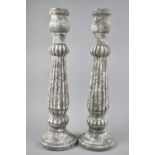 A Pair of Large Modern Reproduction Reeded Column Stone Effect Candlesticks, 52cms High