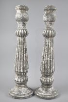 A Pair of Large Modern Reproduction Reeded Column Stone Effect Candlesticks, 52cms High