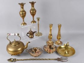 A Collection of Various Brass Items to include Kettle, Candlestick, Bedchamber Stick Etc