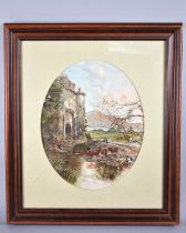 A Framed Print, Castle Walls with Cattle Drinking at Stream, Subject 38x30cm