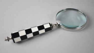A Modern Large Chrome and Chequered Grip Magnifying Glass, 27cms Long