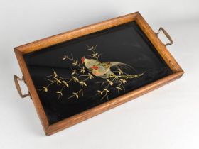 An Edwardian Chinoiserie Oak Framed Tray with painted Glass Base Depicting Birds on Branch, 47cms