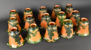 A Set of Fifteen Cameo Glass Light Shades, Green Grape and Vine on Orange Ground, 13.5cm high