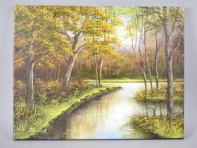 A Mounted but Unframed Oil on Canvas, Woodland River Scene, Signed P Bennett