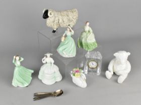 A Collection of Ceramics to Comprise Four Coalport Ladies, Glass Mantle Clock, Silver Plated