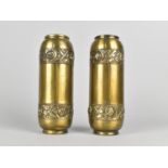 A Pair of Edwardian Brass Cylindrical Vases with Floral Decoration in Two Bands, 18cms High
