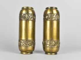 A Pair of Edwardian Brass Cylindrical Vases with Floral Decoration in Two Bands, 18cms High