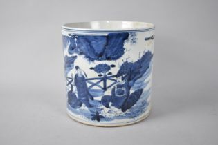 A Large Reproduction Chinese Blue and White Circular Pot Decorated with Figures in Exterior Setting,