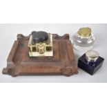 An Edwardian Wooden Desktop Pen Rest and Ink Bottle Stand together with a Cobalt Blue Glass Ink