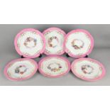 A Set of Six French Nast & Paris Porcelain Plates with Hand Painted Floral Band Having Pink Inset