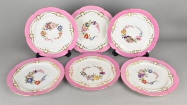 A Set of Six French Nast & Paris Porcelain Plates with Hand Painted Floral Band Having Pink Inset