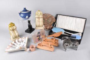 A Collection of Various Sundries to include Ceramic Mask, Porcelain Fan, Egyptian Cat Etc