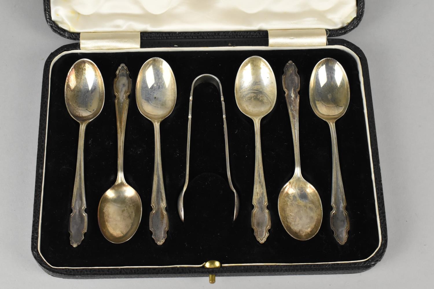 A Cased Set of Six Silver Teaspoons and a Pair of Sugar Tongs, Sheffield Hallmark - Image 2 of 3