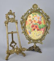 A Mid 20th Century Brass Easel Picture Stand, 24cms High, together with a Brass Oval Swing Picture