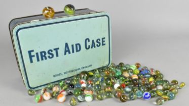 A Vintage Enamelled Boots First Aid Case Containing Various Marbles, 22x15x10cm high