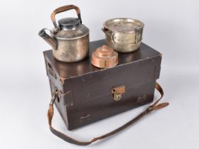 A Vintage Leather Cased Camping Stove Set with French Burner and Kettle by Drew and Sons