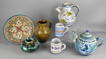 A Collection of Various Ceramics to Comprise Polychrome Decorated Ewer, Tankards, Studio Pottery