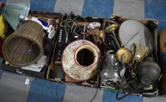 Three Boxes of Various Metalwares, Easel Back Mirror, Pewter Teapot etc