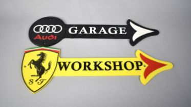 Two Reproduction Cold Painted Cast Metal Signs for Ferrari Workshop and Audi Garage, 44cms Long,