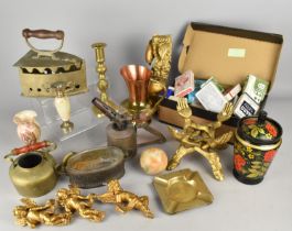 A Collection of Various Sundries to Comprise Metalwares, Flat Iron, Playing Cards, Burner, Gilt