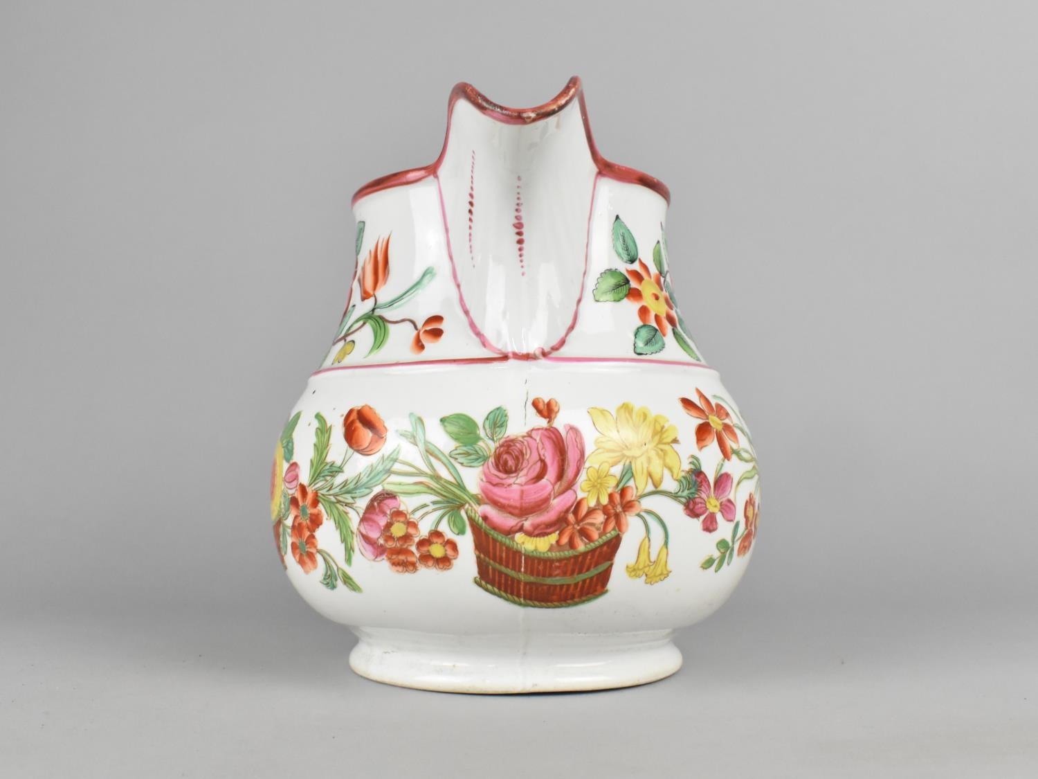 A 19th Century English Pottery Jug Hand Painted with Basket of Flowers Decoration, 18.5cm high (Some - Image 2 of 3