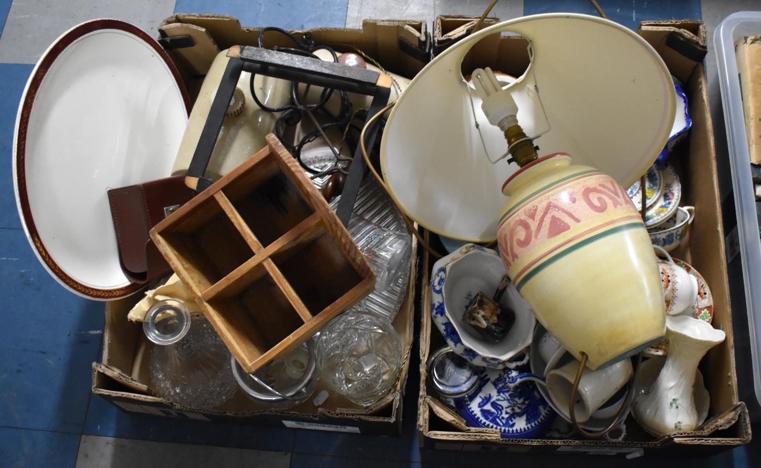 Two Boxes of Various Items to Comprise Ceramics, Table Lamp, Glassware etc