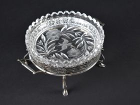 A Cut Glass Dish with Swallow Decoration on Silver Plated Stand with Twin Handles, 22x9cms High